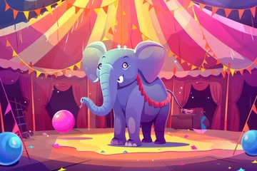 Poster Circus elephant standing on ball in big top tent with garlands. Wild animal acrobat performing on stage. Funfair magic show. Cartoon modern illustration. © Mark