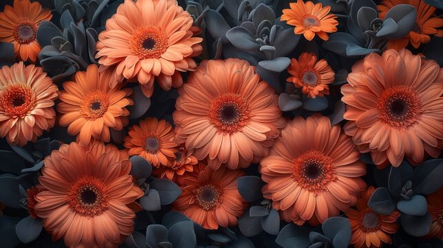  a close up of a bunch of flowers with orange and grey flowers in the middle of the picture and the center of the flowers in the middle of the picture.