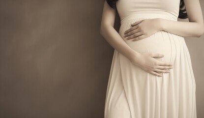 pregnant woman in an elegant white dress, holding her belly with both hands - obrazy, fototapety, plakaty