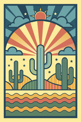 Mexican poster desert Mexico background backdrop with cactus for festival Cinco de mayo. Tranquil vintage desert sun rays, stylized clouds in warm, arid retro poster, wall decor, or travel art