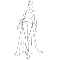 Fashion Illustration on a white background. Woman in an evening dress. Sketch for coloring. 
