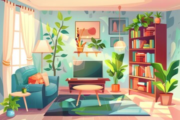 This modern cartoon illustration depicts a spring interior of a living room with a sofa, armchair, bookshelves, television, and carpet.