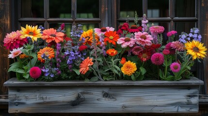Fototapeta na wymiar a window sill filled with lots of colorful flowers in front of a wooden window sill with a window pane in the background.