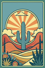 Tranquil vintage desert sunset illustration with cacti, sun rays, and stylized clouds in warm, arid colors, perfect for retro poster, wall decor, or travel art deco graphic design.
