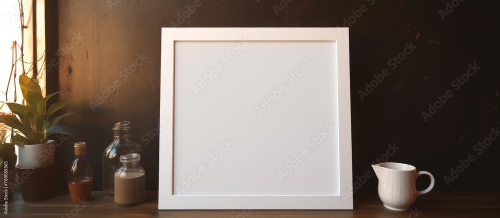 Poster a rectangle white picture frame is displayed on a hardwood table alongside a cup, creating a still l