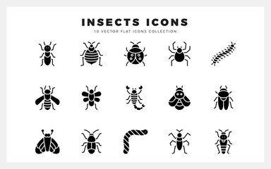15 Insects Glyph icons pack. vector illustration.