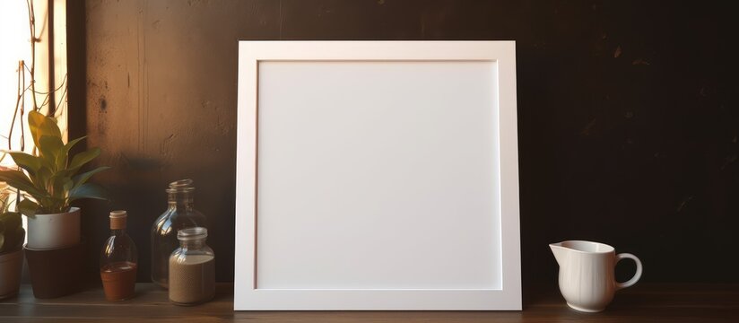 A rectangle white picture frame is displayed on a hardwood table alongside a cup, creating a still life photography scene with tints and shades in a room setting