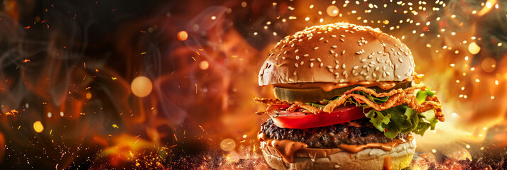 Fresh crispy crunchy savoury, spicy hamburger flying against a backdrop of spices and fire, panning with room for your text - obrazy, fototapety, plakaty