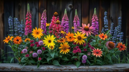  a bunch of flowers that are sitting in a planter with a fence in the background and a wooden fence in the foreground.