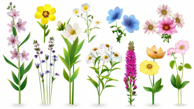 A set of realistic 3D flowers depicting spring and summer wildflowers