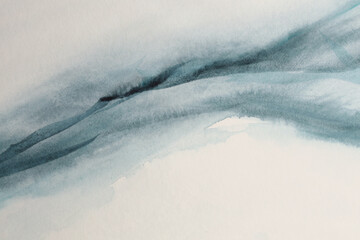 Ink watercolor hand drawn smoke flow stain blot landscape on wet grain paper texture background....