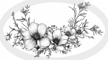 Black and white floral wreath with spring flowers. Modern vintage botanical illustration.