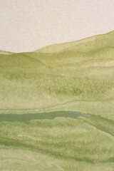 Ink watercolor hand drawn smoke flow line wave blot mountain landscape on wet grain paper texture background. Beige, green colors.