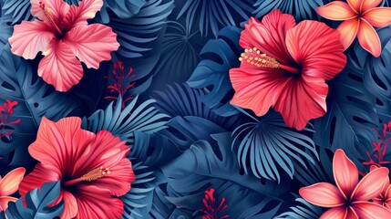 This Hawaiian tropical natural floral seamless pattern features hibiscus flowers in red and pink on a white background and palm leaves and plumerias in a trendy blue style. - obrazy, fototapety, plakaty