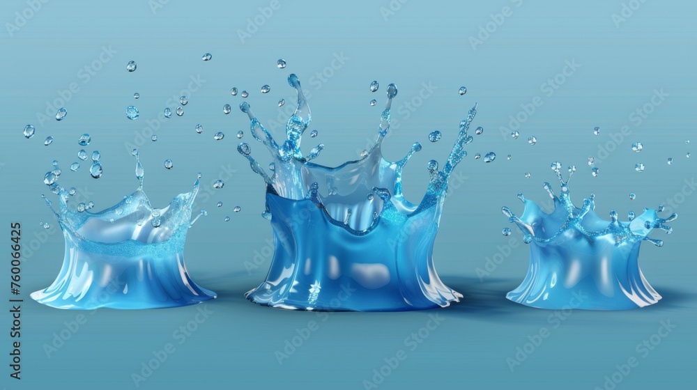 Poster set of water splashes in shape of crowns with dynamic motion elements and spray droplets on transpar