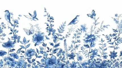 Flowers, birds, butterflies. Toile de Jouy. Horizontal card. Blue and white. - obrazy, fototapety, plakaty