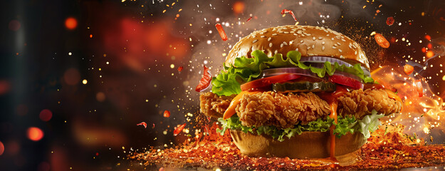 Fresh crispy crunchy savoury, spicy hamburger flying against a backdrop of spices and fire, panning with room for your text - obrazy, fototapety, plakaty