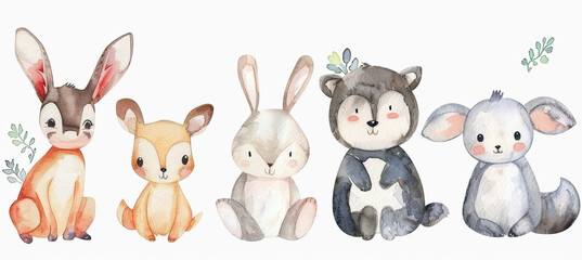Fototapeta premium Cute Animals Watercolor hand-painted Illustration Isolated on white background