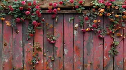 a wooden fence with a bunch of flowers growing up the side of it and a bunch of leaves on the top of the fence.