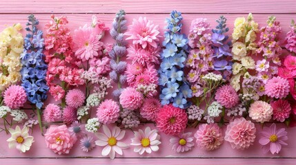  a bunch of flowers that are sitting on a pink wooden surface with one flower in the middle of the row.
