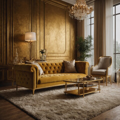 Fototapeta premium Rustic furniture in hollywood regency style interior design of modern living room with golden paneling wall and big windows beside.