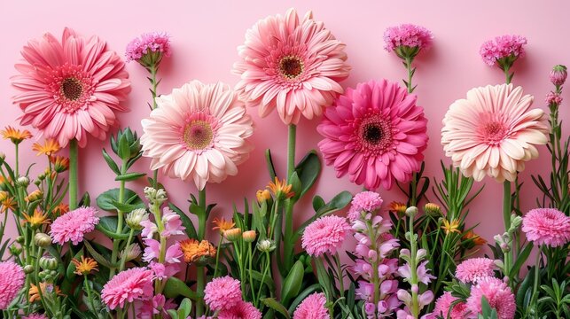  a group of pink flowers against a pink wall with green leaves and pink flowers in the middle of the picture.