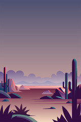 Mexican poster desert Mexico background festive backdrop with cactus for festival Cinco de mayo. Tranquil and peaceful serene twilight landscape with mountains, purple sunset in nature setting