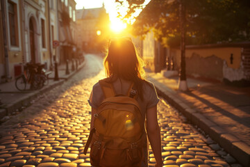 Girl backpacking travelling through old city streets against the backdrop of the setting sun,...