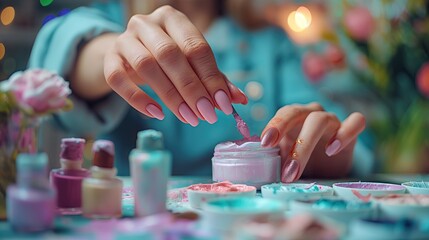 Female hands with beautiful manicure painting nails on table in beauty salon - obrazy, fototapety, plakaty
