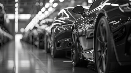 black and white close up view of cars in a line in car showroom or parking lane ,Car dealership office. New car parked in modern showroom. Car for sale and rent business concept. Automobile leasing an