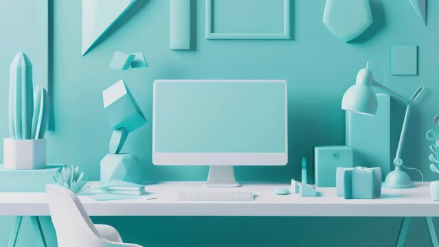 Blue toned office desk setup with computer and various objects. Modern workplace concept with flat lay composition and copy space for design and print. 