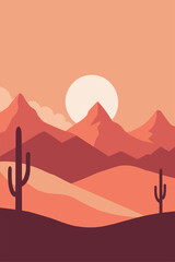 Stunning digital art illustration of a tranquil desert sunset landscape with cacti, mountains, and a warm orange color palette, perfect for southwestern travel destinations and outdoor adventure