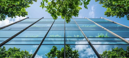 Sustainable green building. Eco-friendly building. Sustainable glass office building with trees for reducing carbon dioxide. Green company office with green environment. Corporate building reduce CO2.