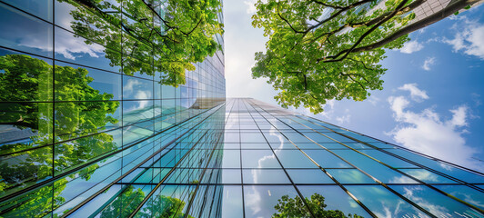 Sustainable green building. Eco-friendly building. Sustainable glass office building with trees for reducing carbon dioxide. Green company office with green environment. Corporate building reduce CO2.