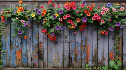 Fototapeta na wymiar a wooden fence with a bunch of colorful flowers growing on the top of it and a bunch of leaves on the bottom of the fence.