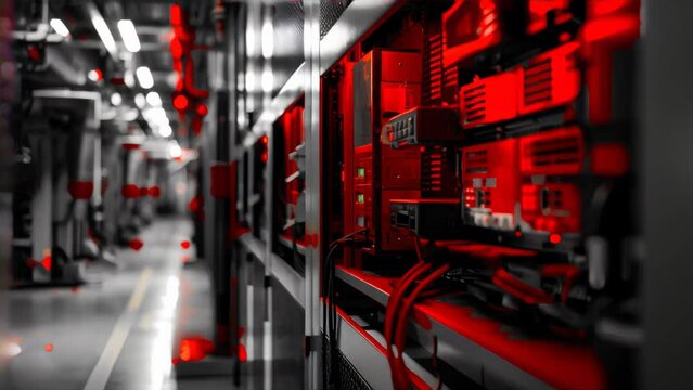 Selective color of red server racks in a data center. Technology and network concept with copy space for banner and header design