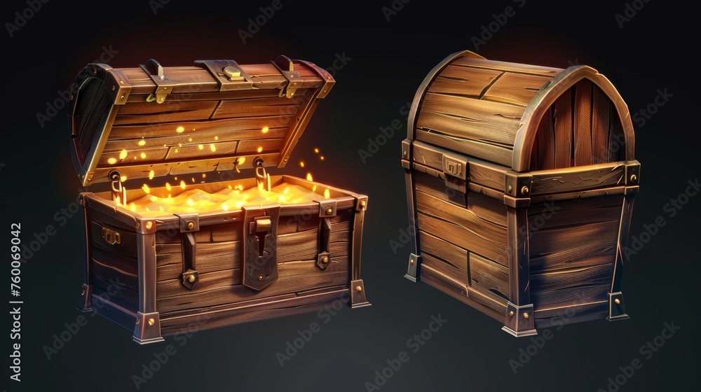 Aufkleber a wooden chest with an open lid and a closed lid and a magical glow inside. a modern realistic set o