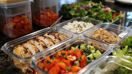 Cut fruit and vegetable into glass containers, Many lunchboxes with different delicious food, Healthy meal prep for a week of workouts. Generative ai