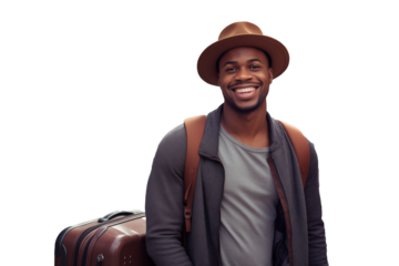 Young African American man holding a suitcase on isolated chroma key background