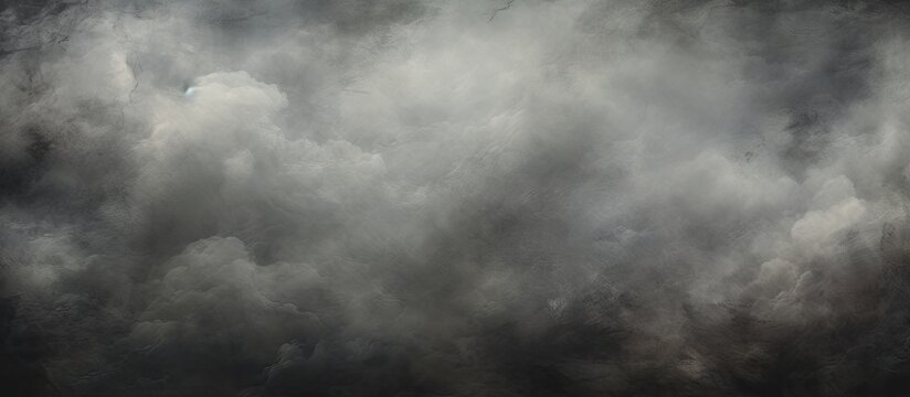 A grey, cloudy sky filled with smoke creating a dark and ominous atmosphere. The cumulus clouds blend with the smoke, blending into a monochrome landscape