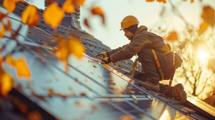 Construction worker connects photo voltaic panel to solar system using screwdriver. Alternative cheap sun energy production and profitable financial investment concept. Generative ai