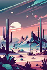 Vibrant digital vector illustration of a peaceful desert sunset landscape with cacti. Mountains. And exotic flora. Showcasing the tranquil and serene nature of the southwest wilderness during dusk