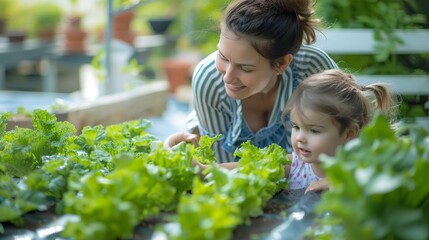 Mother and daughter on green rooftop garden, showcasing sustainable urban agriculture. Commitment to sustainable living and nurturing plant life within an eco-conscious lifestyle. Generative ai.