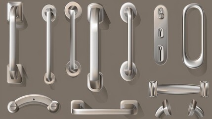 Modern chrome lever handles and long door pulls for room interior in office or home. Modern realistic set of modern chrome lever handles in different shapes isolated on transparent background - obrazy, fototapety, plakaty