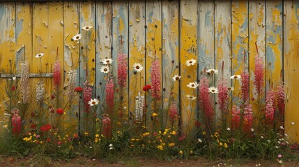  a wooden fence with a bunch of wildflowers growing in front of it and a bunch of other flowers in front of it.