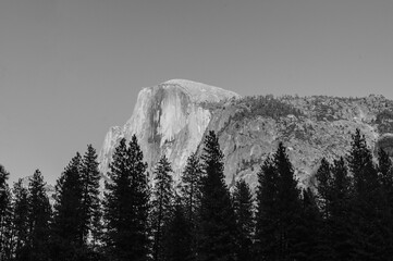 Photograph in Black and White of the Half Dome in Yosemite National Park, California.