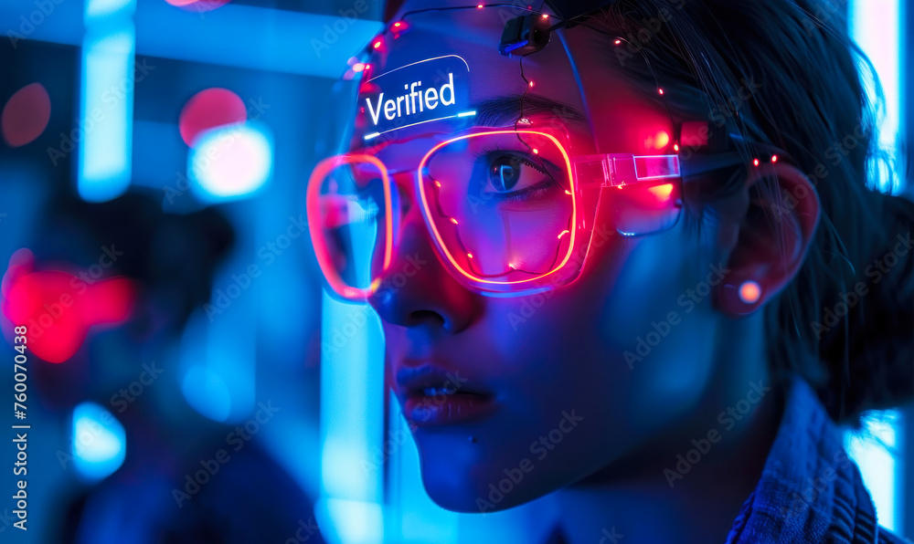 Poster futuristic facial recognition technology confirming identity with verified notification in a neon-li