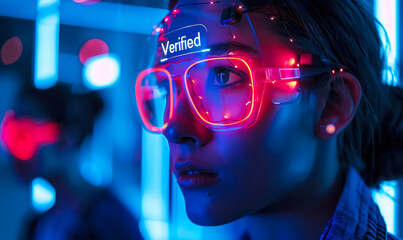 Futuristic facial recognition technology confirming identity with Verified notification in a neon-lit setting, representing biometric verification - obrazy, fototapety, plakaty