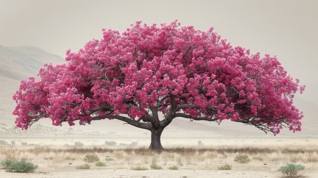  a tree in the middle of a desert with a pink flowered tree in the foreground and a mountain in the background.