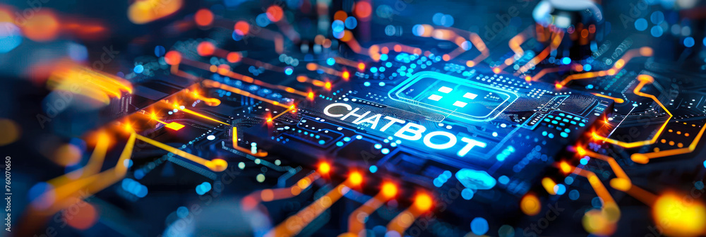 Poster futuristic digital chatbot technology interface with glowing circuit board - ai customer support con